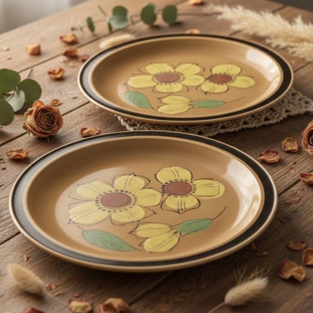 Four Seasons Summer Dinner Plates, Set of 2, Vintage Floral Stoneware Dinnerware
